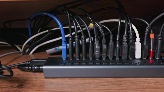 A black multiport USB hub filled with various connected cables rests on a wooden office desk. Concept of digital connectivity, workspace clutter, and modern office technology management.
