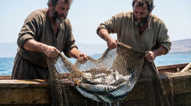 Two men pulling net full of fish from sea. Scene depicting miraculous catch by apostles. Biblical story illustration from New Testament. Ancient fisherman in boat. Christianity concept.