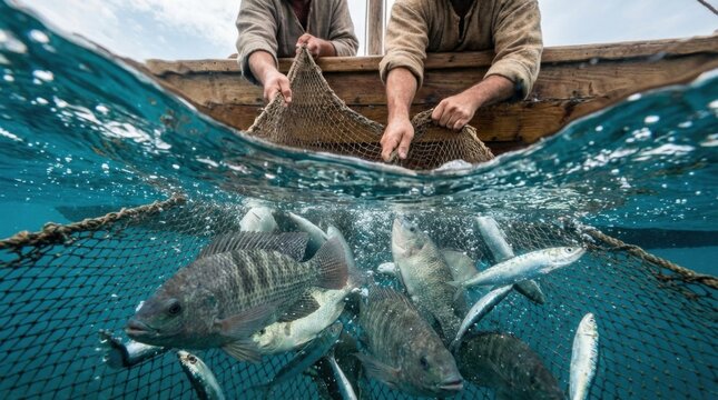 Apostles pulling fishing net filled with fish from sea. Miracle catch in Bible story. Ancient fisherman on wooden boat catching fish. Christian scene from New Testament narrative.