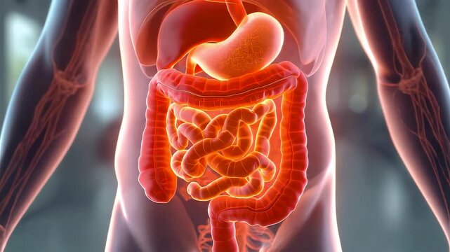 Transparent Human Torso Revealing Highlighted Red Digestive System Organs Stomach And Intestines