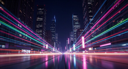 Obraz premium Cityscape bathed in vibrant light trails and futuristic glow at night