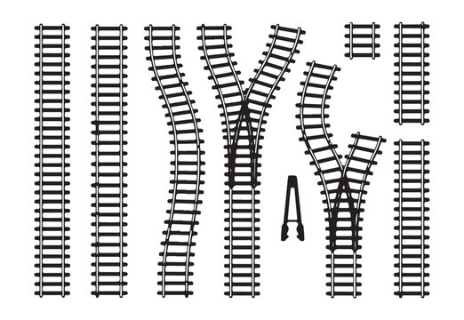 Assorted railroad track sections and junction switch vector graphics for model train layout design planning.