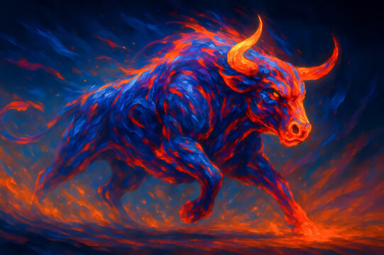Fiery raging bull symbolizing strength and taurus zodiac