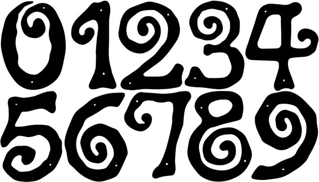 Decorative swirl numbers set zero to nine hand drawn whimsical font isolated on white background