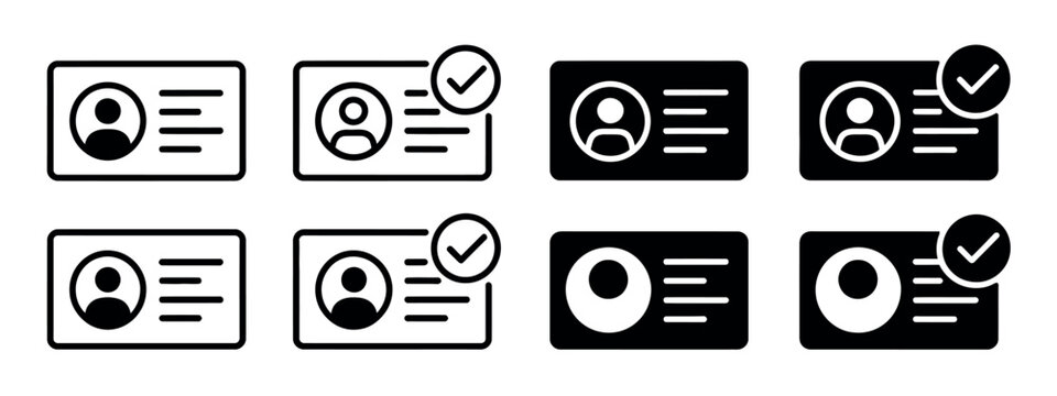 ID card icon set with circle tick approved symbol representing driver&rsquo;s license, identification card, and verification vector illustration