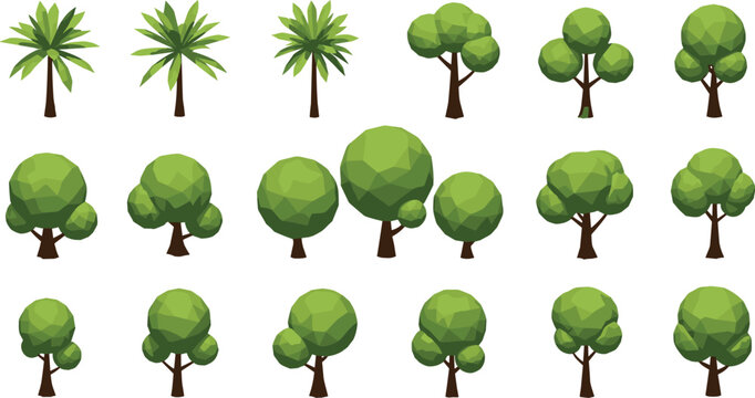 Low poly tree collection with geometric green foliage and different shapes nature vector illustration set isolated on white background