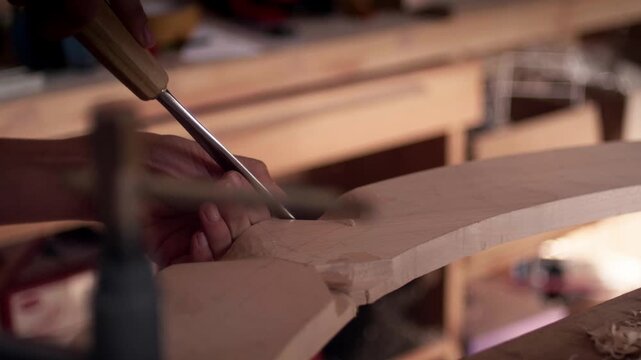 Artisan craftsman working on a large wooden project with a hand chisel and mallet, focusing on precise details in a bright woodworking studio. Slow motion.