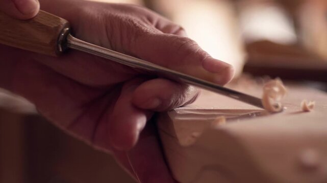 Woodworker pushes a sharp chisel through wood to create thin decorative shavings. Extreme close-up slow motion shot focusing on the hand and blade action.
