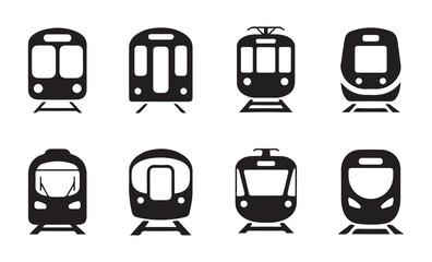 Train line vector set, railway transportation icons, metro and subway signs with rail tracks, isolated black symbols. © Abu