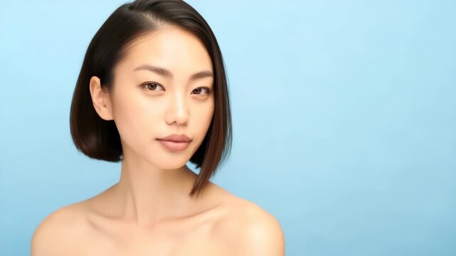 Asian female young adult portrait with bob haircut and bare shoulders against pale blue background showcasing natural makeup and serene expression
