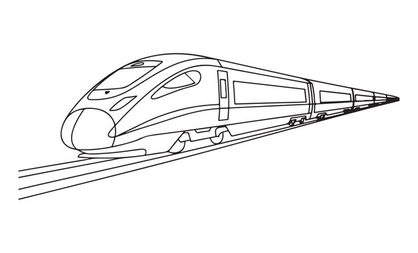 High speed train on tracks, fast modern bullet train outline vector illustration, black and white drawing isolated.