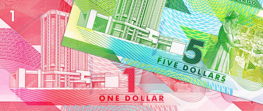 1 dollar and 5 dollar bills Trinidad and Tobago. polymer money Trinidad and Tobago. Caribbean economy.