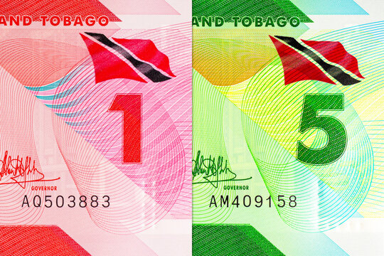 1 dollar and 5 dollar bills Trinidad and Tobago. polymer money Trinidad and Tobago. Caribbean economy.