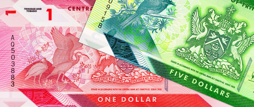 1 dollar and 5 dollar bills Trinidad and Tobago. polymer money Trinidad and Tobago. Caribbean economy.