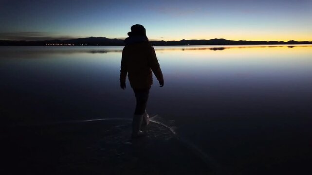 Silhouette of a person walking on a salt flat at sunset
