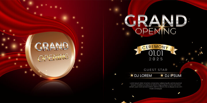 Grand Opening ceremony Banner with red silk, confetti, ribbon cutting and golden glitters