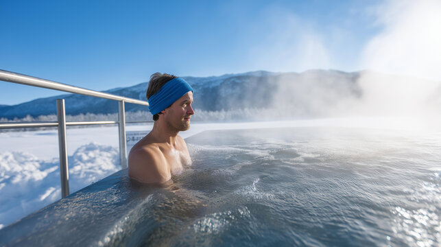Person stepping into an outdoor cold plunge tub surrounded by snow with steam rising and a mountain backdrop, contrast therapy and recovery concept, defocused background, with