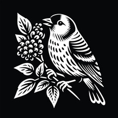 Fototapeta premium Vintage woodcut illustration of a small bird perched on a berry branch