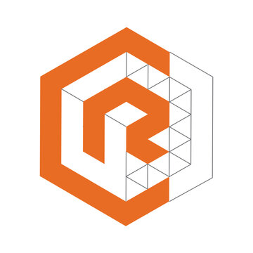 The image is a flat logo design of an initial RC or CR in hexagonal shape with frameworks. The logo looks clean and nice in orange and grey color on a white background. 