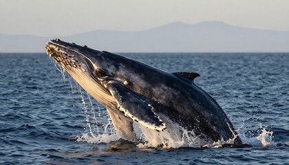 Fototapeta premium Humpback whale breaching the ocean surface, massive body rising with splashes and droplets, deep blue sea and softly lit sky — powerful and graceful marine life moment.