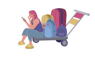 Flat vector illustration of tired female passenger sitting on luggage cart. Travel delay, waiting time and boredom concept on background на белом фоне