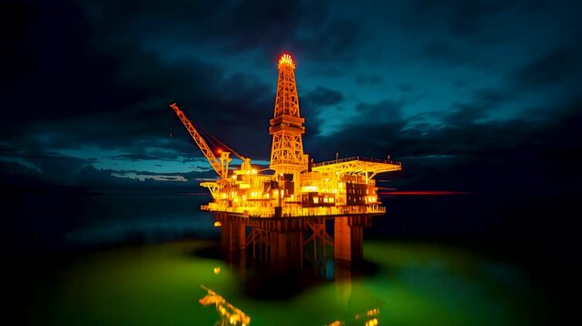 Illuminated offshore oil rig platform glowing at night over dark sea water with dramatic sky