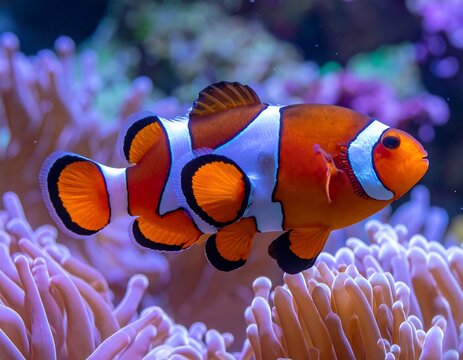 A vibrant clownfish swims above a purple sea anemone