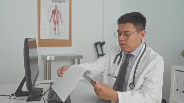 Man doctor in white coat wearing stethoscope and glasses holding patient papers and pointing at a chart at a desk in a clinic building; concentration.