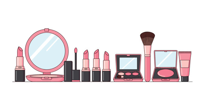 A variety of pink and black makeup products including lipsticks and compacts are neatly arranged on a white background.