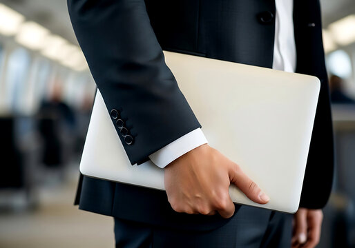 A close up view of a professional man wearing a formal suit jacket while holding a closed silver laptop under his tired arm