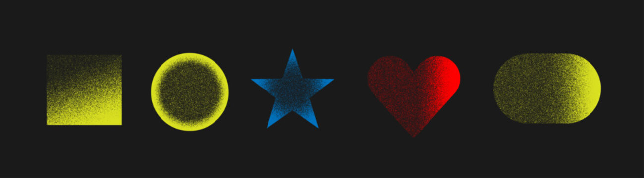 Abstract grain texture shapes set with square circle star heart and capsule forms in colorful gradient style