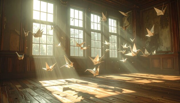 Sunlit room with origami cranes, beams of light, and wooden paneling create a surreal scene