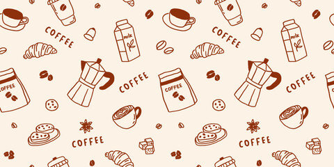Seamless pattern coffee line art. Bean coffee cup whimsical background. Abstract shop menu texture banner. Vector illustration