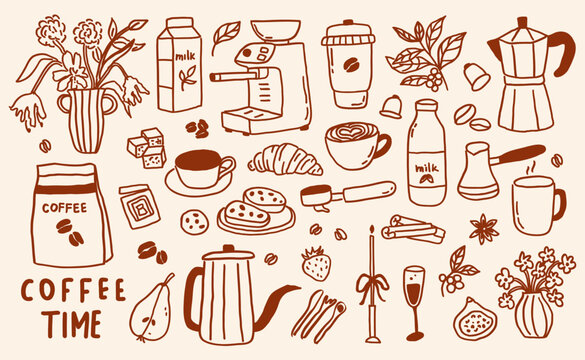 Whimsical breakfast set with coffee, croissant line art doodle sketch. Whimsy lunch with coffee cup, french brunch. Vector outline illustration