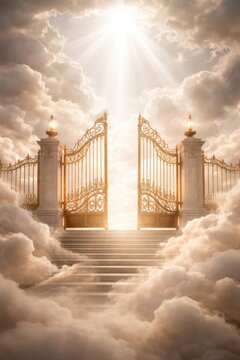 Heavenly gates amidst ethereal clouds.