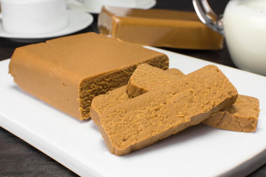 Brazilian milk candy called doce de leite cutted in a white platter
