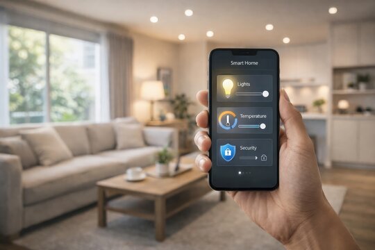 Hand holding smartphone with generic smart home app in modern living room interior. Home automation concept for lighting, temperature and security control, comfort and energy saving