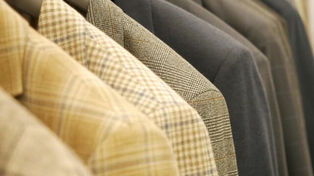 Row elegant male suit jackets blazers featuring assorted textures patterns colors including beige plaid grey checkered navy blue hanging neatly black hangers showroom store boutique environment