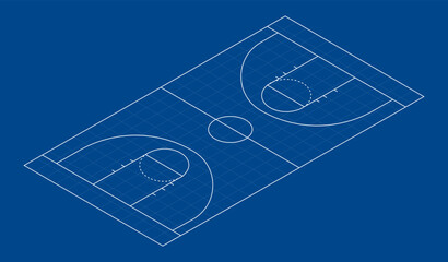 Obraz premium Clean isometric basketball court blueprint with precise court lines and grid layout, ideal for sports diagrams and educational graphics.