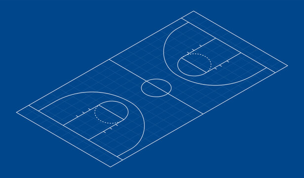 Clean isometric basketball court blueprint with precise court lines and grid layout, ideal for sports diagrams and educational graphics.