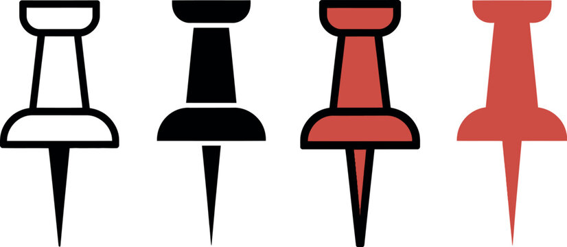 Push pin icon set featuring simple minimalist design for notice boards, maps, reminders, and important information in vector illustration