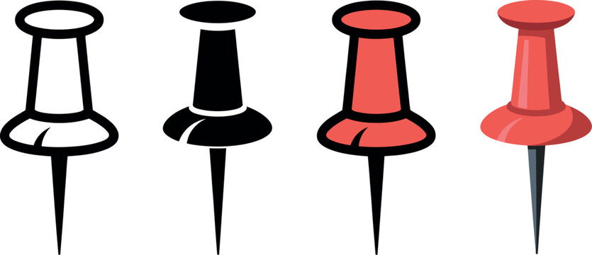 Push pin icon set featuring simple minimalist design for notice boards, maps, reminders, and important information in vector illustration