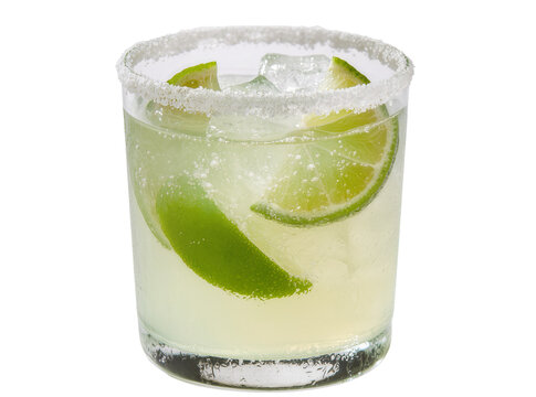 Refreshing margarita cocktail with lime wedges and ice, featuring a perfectly salted rim, isolated PNG on transparent background for drink menus and summer designs