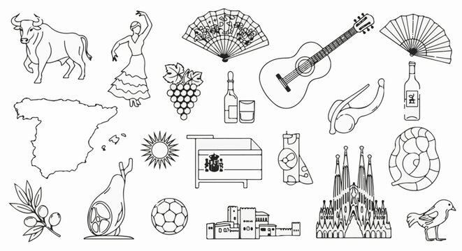 Collection of iconic Spanish symbols including a bull, dancer, fans, guitar, map, and landmarks