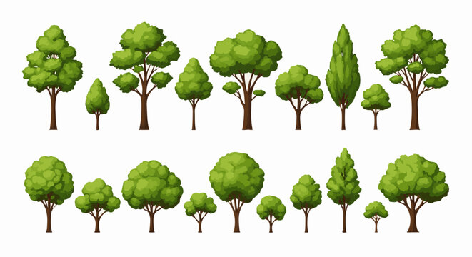 Collection of various green pixel art trees on a white background