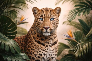 Obraz premium Majestic leopard amidst lush foliage.