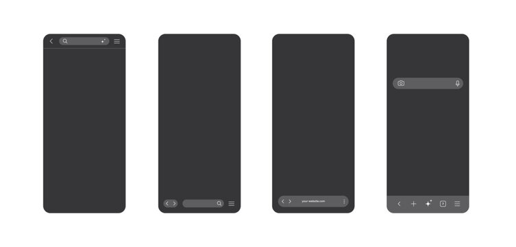 Mobile browser interface set in dark mode with different search line and browser icons. Generic phone screen window, black page bar with smartphone frame icon.