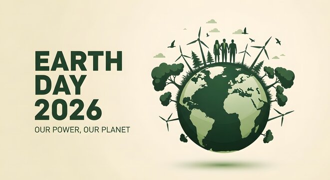 Earth Day 2026 illustration with green globe and eco-friendly symbols
