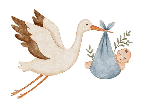 Cute watercolor stork baby delivery. Newborn boy blue swaddle birth. Shower arrival announcement art.