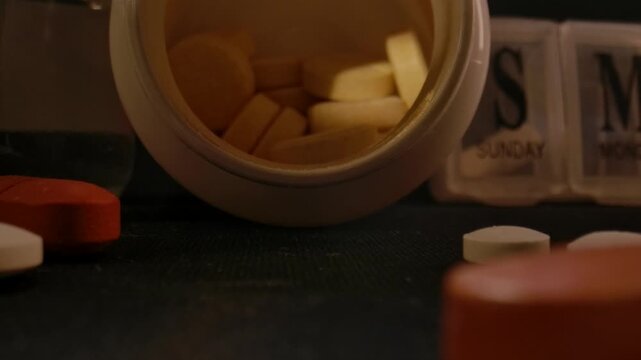 A macro shot of medicine bottles, weekly pill organizer and scattered tablets on a dark surface. Concept of healthcare, pharmacy, medication routine, treatment planning and medical advertising